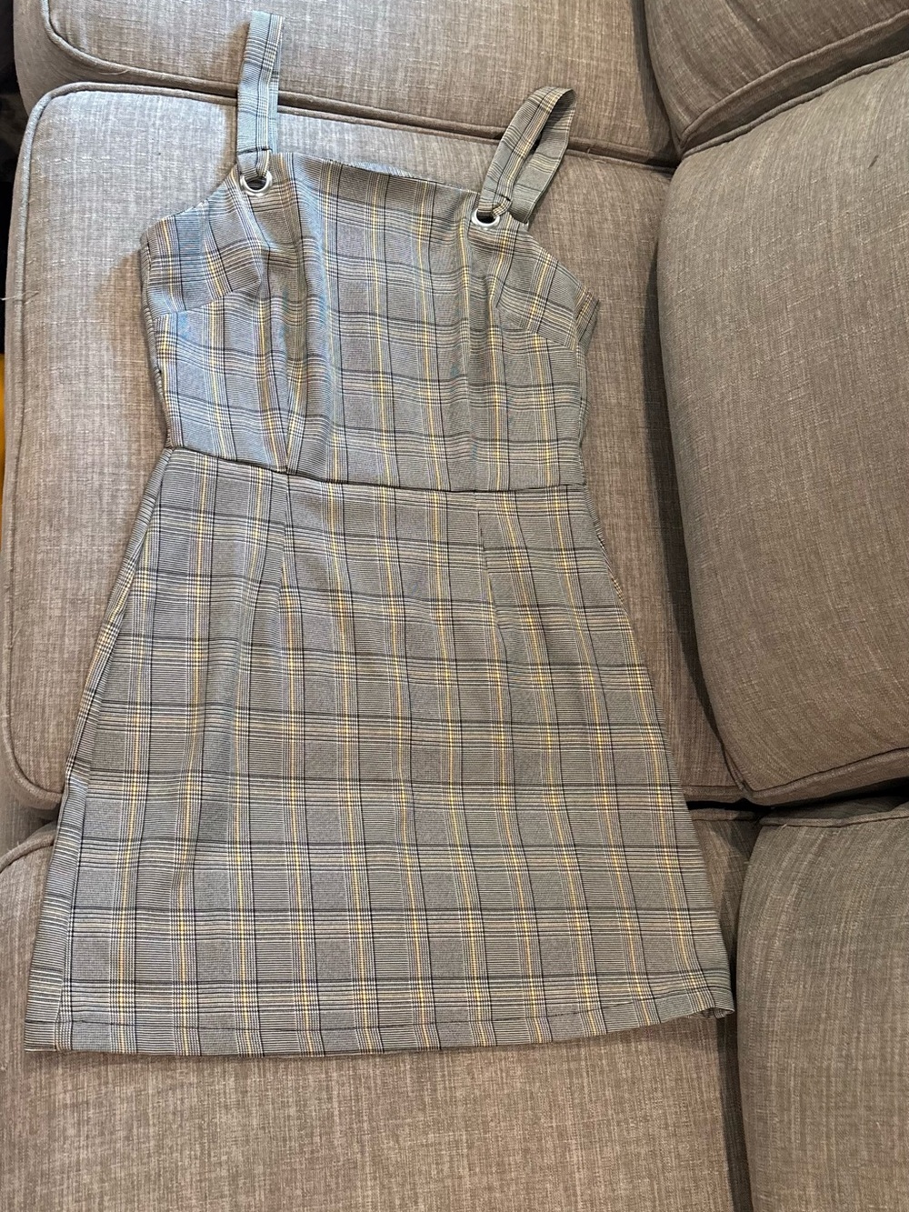 Plaid Strappy A-Line Dress in Gray and Yellow